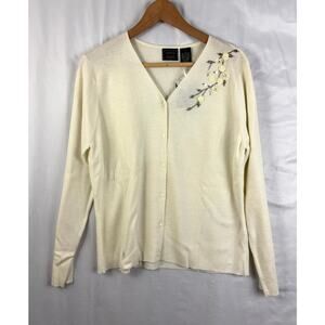 Laura Scott Women's Cream Floral Embroidered Beaded V-Neck Cardigan Sweater L